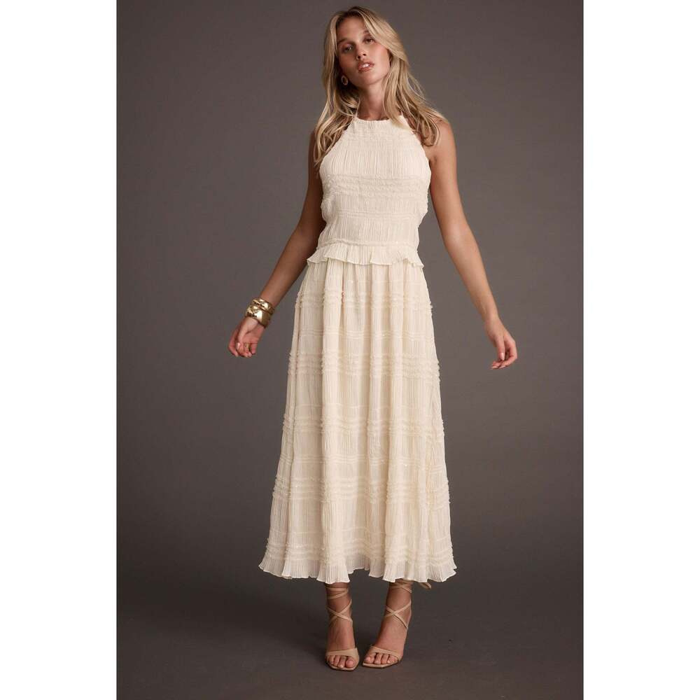 12th Tribe Quinn Ivory High Neck Shimmer Chiffon Maxi Dress Size MM